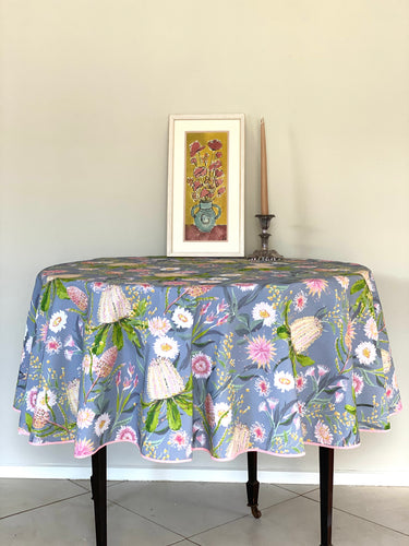 Smoky Blue & Pink Native Flora Round Tablecloth