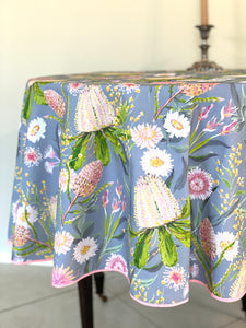 Smoky Blue & Pink Native Flora Round Tablecloth