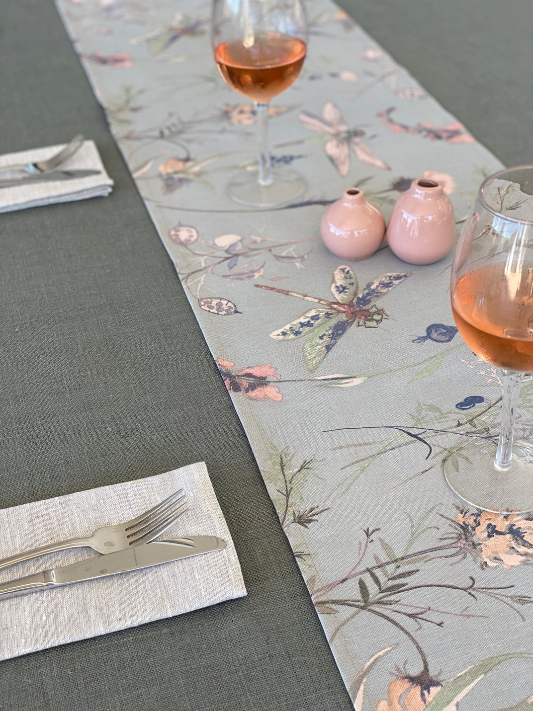 Dragonflies and Floral on Grey Table Runner