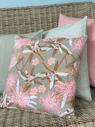 Flowering Eucalypt Taupe Cushion Cover